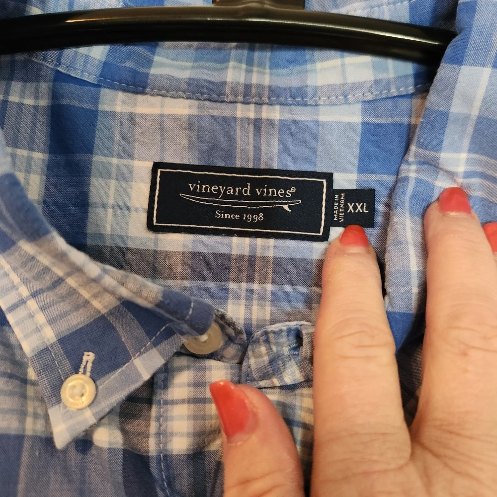 Vineyard‎ Vines Blue Plaid Men's Short Sleeve Shirt, Size XXL